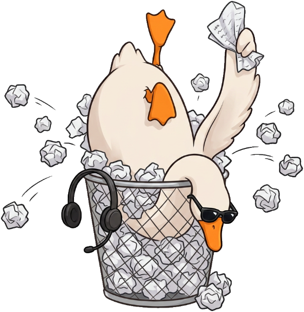 Gary head-first in a wastepaper basket, pulling a crumpled note back out